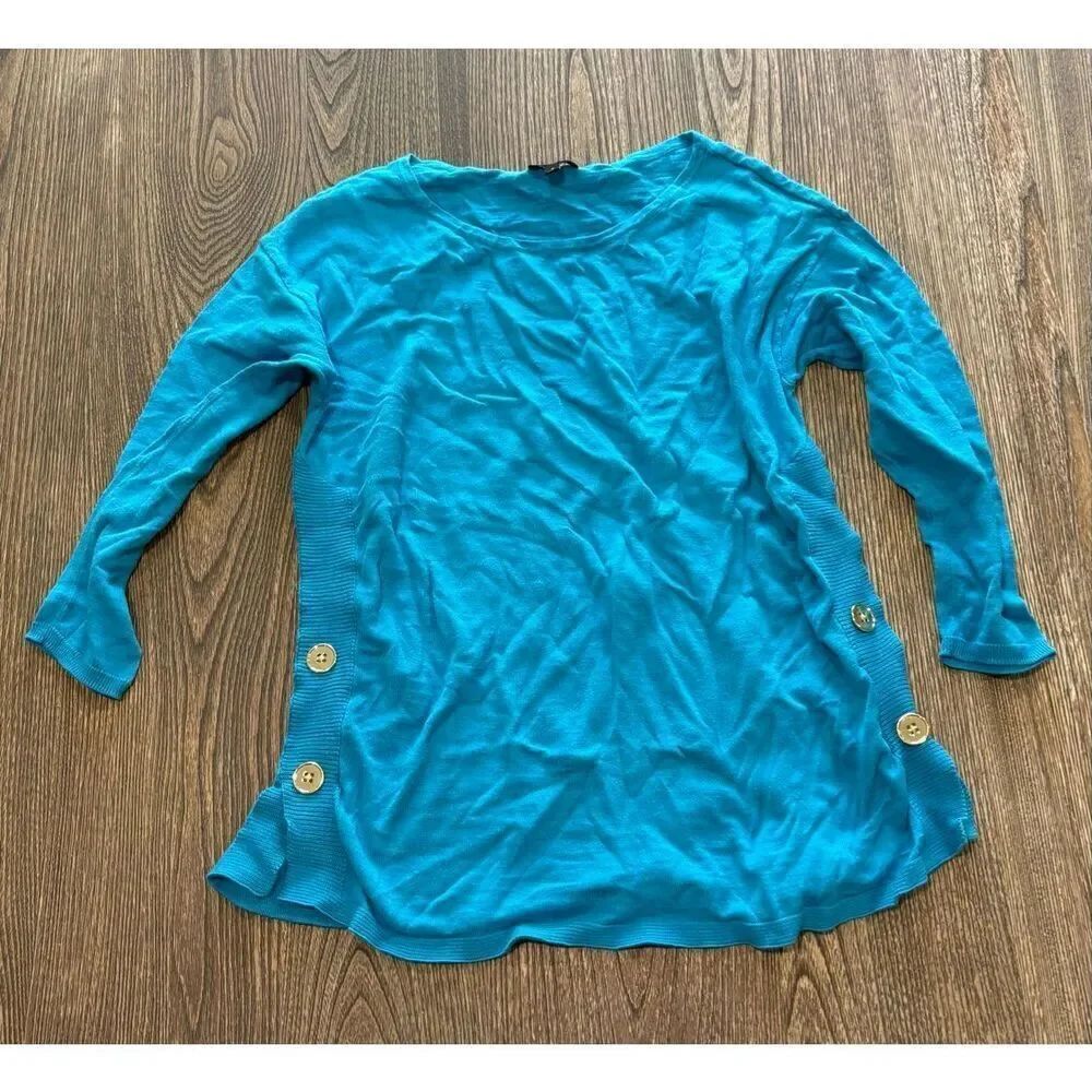 Talbots Womens Knit 3/4 Sleeve Sweater Side Buttons Cotton Pullover Blue Size S
